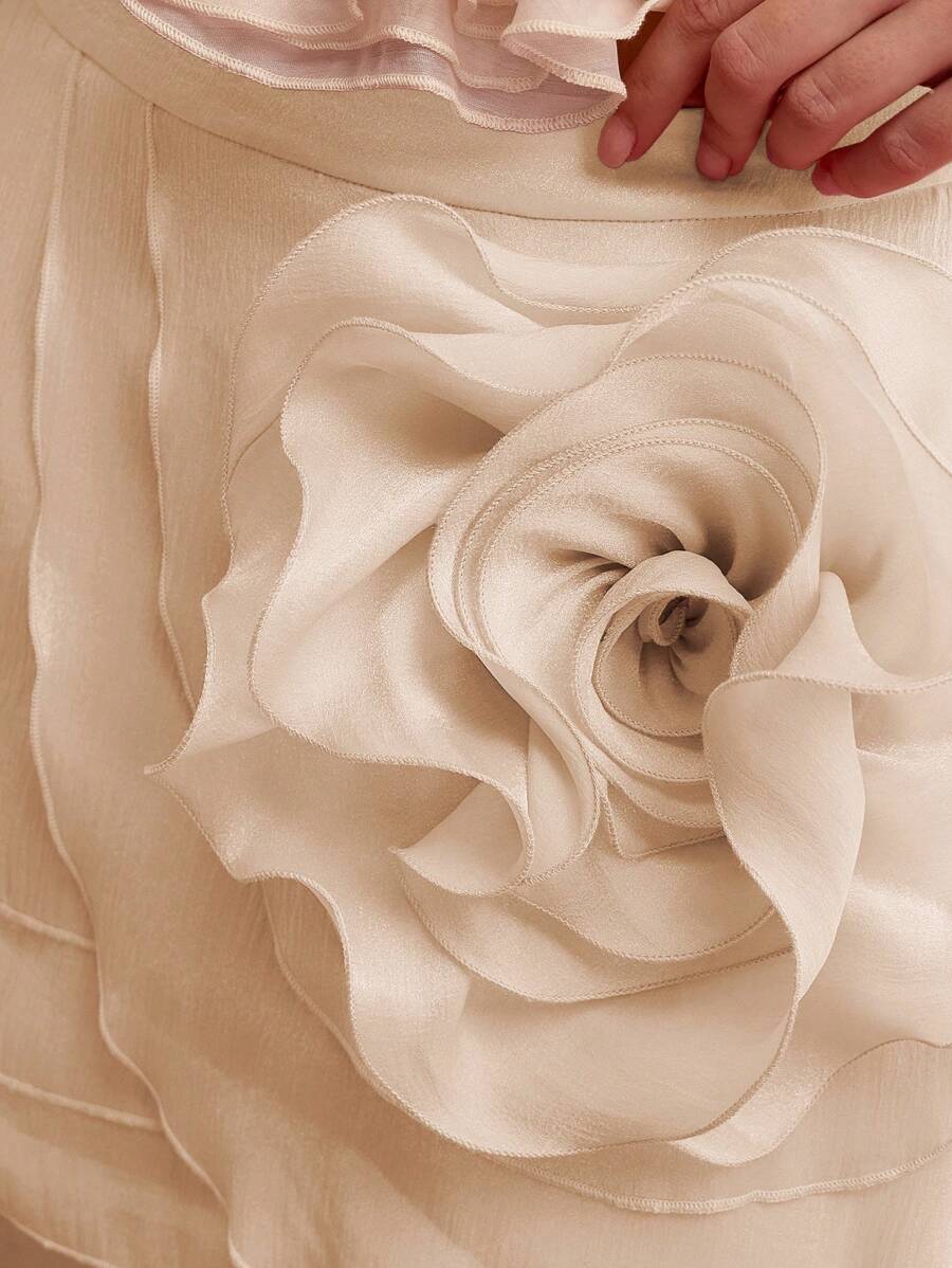 MOTF PREMIUM STEREO FLORAL RUFFLE TRIM SKIRT,VALENTINE'S DAY - Apricot - View 2