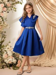 SHEIN 青少年女孩优雅缎面礼服，适合派对场合 - 藍色 - 查看 3