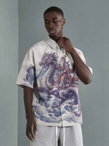 SUMWON Dragon Print Resort Shirt Japanese Art Style Button Down Short Sleeve Casual Summer Beach Shirt Oriental Fantasy Design Streetwear Festival Shirt
