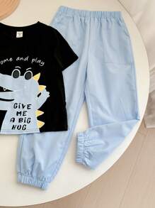 Young Boy Summer Outfit Boy Cute & Comfy Dinosaur Print Short Sleeve Round Neck Top, Woven Drawstring Pants, Dinosaur Shaped Crossbody Bag Set, Suitable For Outings, Parties, Street Photography