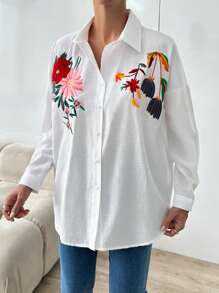 EURMUSE Übergroße Asymmetrische Langarmhemd Mit Stickerei Und Blumendruck Für Damen