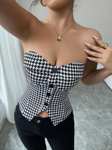 Elenzga 夏季时尚办公室/通勤千鸟格印花无袖纽扣前短款上衣 - 彩色 - 查看 6