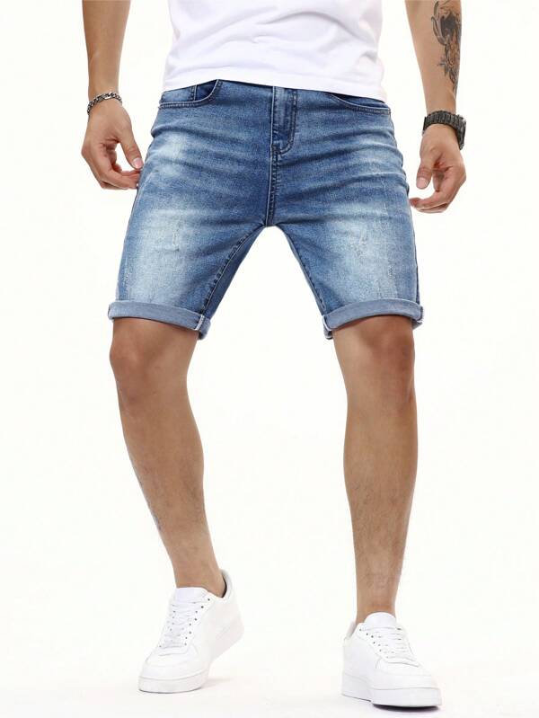 Manfinity Homme Pantalones cortos vaqueros de algodón con bolsillos inclinados para hombres