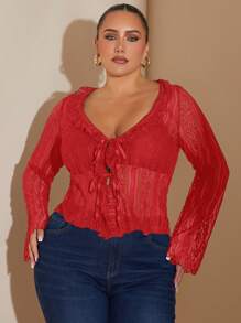 SHEIN BAE Blusa de encaje transparente con lazo frontal, romántica y dulce para mujer de talla grande, ropa de mujer para otoño
