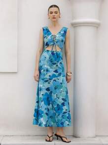 GENKIRA Women Light Blue Floral,Summer,Boho,Beach,Holiday Deep V Lace-Up Tie Dye Print Cutout Waist Ruffled Hem Dress Tropical Island Vacation - Multicolor - View 3