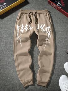 Manfinity LEGND Quần nỉ nam in chữ có dây rút ở eo thường ngày - Màu Khaki - Xem 2