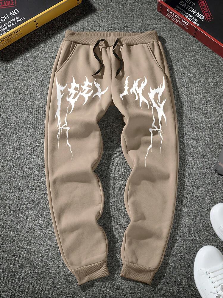 Manfinity LEGND Quần nỉ nam in chữ có dây rút ở eo thường ngày - Màu Khaki - Xem 2