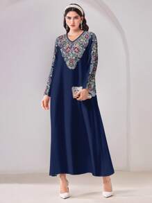 Al Najma Casual Floral Print V-Neck Long Sleeve Modest Arabic Style Dress