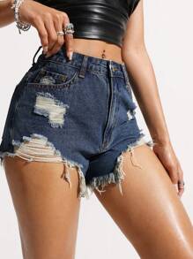 SHEIN EZwear 女士口袋做旧磨边休闲百搭牛仔短裤