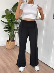 SHEIN Tall CURVE 大码女式简约日常喇叭裤，舒适休闲，春季休闲黑色长裤，通勤、办公、运动皆宜 - 黑色 - 查看 7