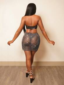 BamGleam Minifalda ceñida y sexy de mujer con unicolor, calado y adornos de rhinestone