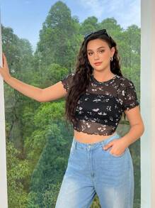 Solflare Plus Size Women's Mesh Sheer Purple Ditsy Floral Pattern Ruffle Hem Fitted Short Sleeve T-Shirt, Summer Holiday - Black - View 3