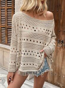 Breezaya Nuevo suéter holgado y casual de estilo vacacional con hombros asimétricos y flecos calados para mujer, suéter de punto para primavera/verano, otoño e invierno - Caqui - Ver 3