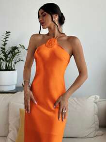 Firerie Váy đuôi cá hở lưng họa tiết hoa 3D dành cho nữ, váy dạ hội bằng vải taffeta thanh lịch - trái cam - Xem 1