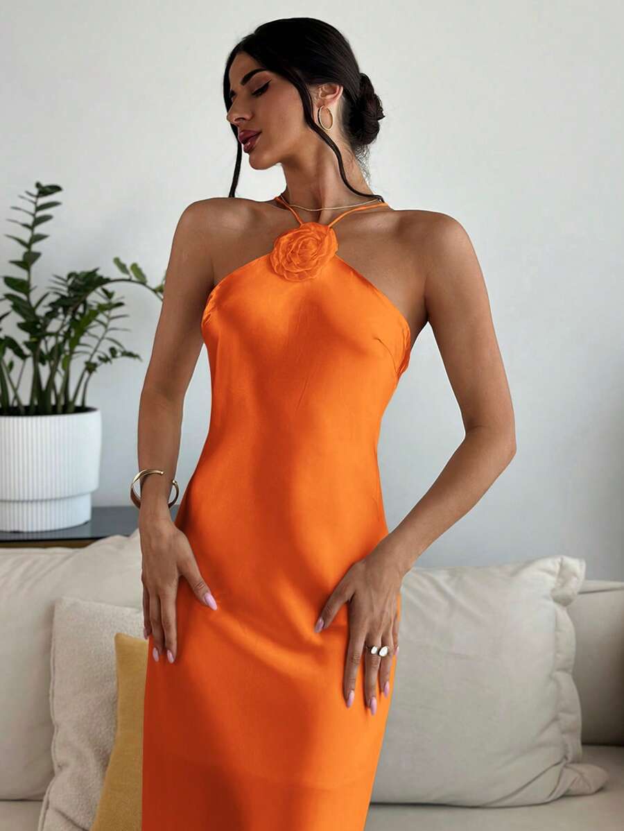 Firerie Váy đuôi cá hở lưng họa tiết hoa 3D dành cho nữ, váy dạ hội bằng vải taffeta thanh lịch - trái cam - Xem 1