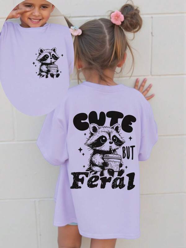 SHEIN GraphicGems Young Girl Casual Fashion Comfortable Simple Raccoon "CUTE BUT Feral" Letter Graphic Short Sleeve T-Shirt, Spring & Summer