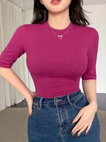 DAZY 女士短袖 V 领修身休闲 T 恤，夏季百搭百搭 T 恤 - 玫紅色 - 查看 5