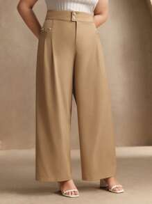 Anewsta Elegant High Waist Draping Straight Leg Pants, Woman Business Casual Trousers - Khaki - View 3