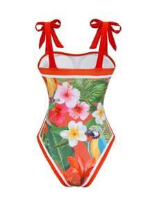 New 1-Piece Beach Summer Outfits For Women, Print Splicing Shoulder Strap One-Piece Bikini Swimsuit - Multicolor - View 2