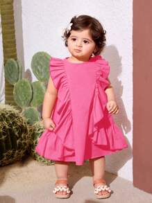 SHEIN Babygirl Sweet Orange Ruffle Hem Summer Vacation Dress - Hot Pink - View 8
