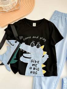 Young Boy Summer Outfit Boy Cute & Comfy Dinosaur Print Short Sleeve Round Neck Top, Woven Drawstring Pants, Dinosaur Shaped Crossbody Bag Set, Suitable For Outings, Parties, Street Photography