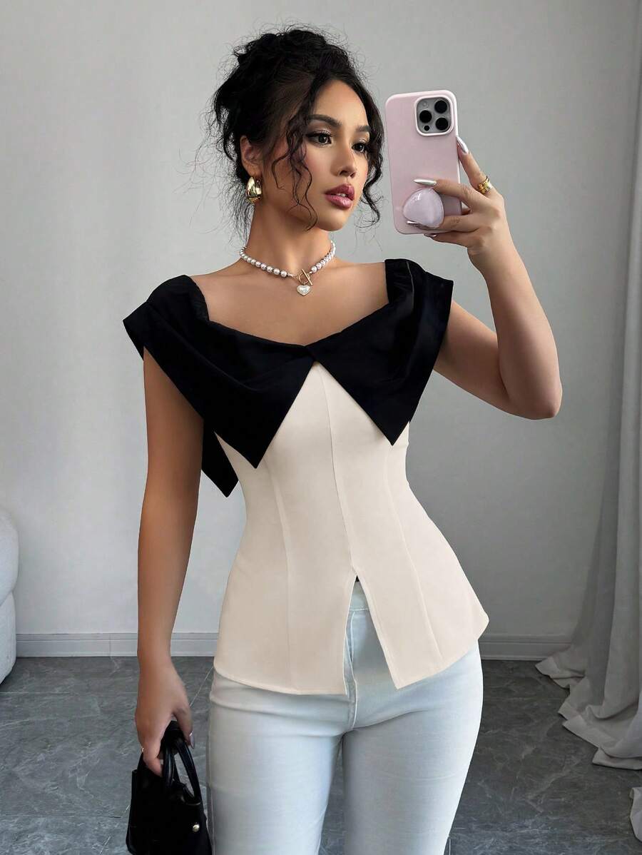 Elenzga Elegant Colorblock Cinched Waist Open Slit Blouse, Summer