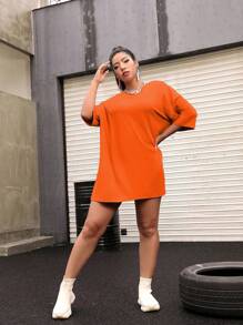 Flirla Plus Size Casual Solid Color Drop Shoulder Loose T-Shirt, Spring/Summer