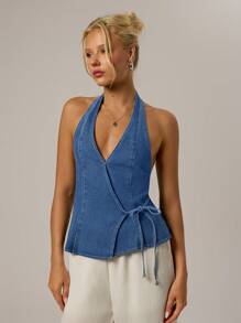 Forever 21 Women's Casual Side Tie Halter Neck Denim Top