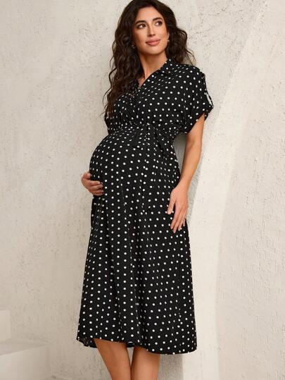 MaterniWear Maternity Polka Dot Print Short Sleeve Casual Shirt Dress Spring Women's Clothing