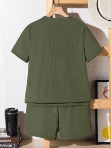 SHEIN Bộ 2 món/Bộ áo thun tay ngắn cài nút phía trước cho bé trai tuổi mới lớn và quần short đồ ngủ - xanh quân đội - Xem 3