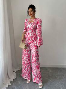 Elenzga Mono recto de pierna ancha con abertura lateral, estilo occidental, talla estándar para mujer