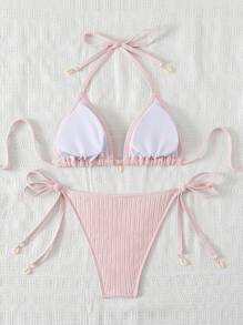 Swim Mod Conjunto de bikini de unicolor texturizado para vacaciones en la playa de mujeres