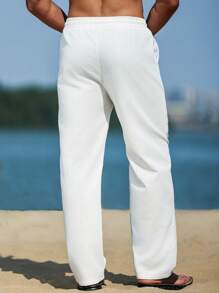 Manfinity RSRT Men Drawstring Waist Straight Leg Pants, Plain Vacation Slacks Pants, For Daddy & Husband, Boyfriend Gifts - White - View 2
