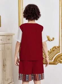 2pcs/Set Tween Boys Traditional Geometric Patchwork T-Shirt + Shorts + Hat - Multicolor - View 2