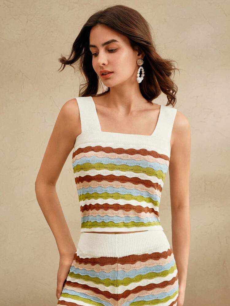 Anewsta Knitted Jacquard Lightweight & Breathable Colorful Striped Tank Top, Suitable For Summer, Beach, Festival, Holiday, Elegant