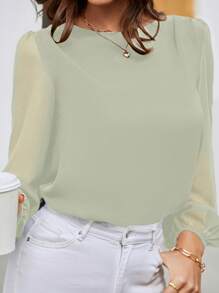 EMERY ROSE Blusa casual de oficina para mujer de unicolor, cuello redondo y manga farol - Verde - Ver 3