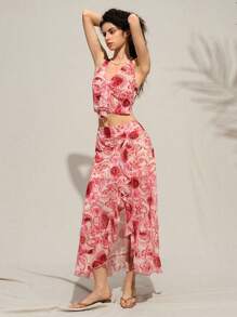 SHEIN LUNE Conjunto de 2 piezas de top halter estampado floral y mini falda de estilo bohemio y vacaciones para mujeres, atuendo de vacaciones para mujeres