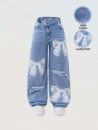 Sparklyn Denimly Tween Girls Vintage Casual Urban Light Wash Wide Leg Jeans With Lace Butterfly Print, Distressed Ripped Details, Elastic Waist And Zip Fly, School, Campus, College Summer Holiday