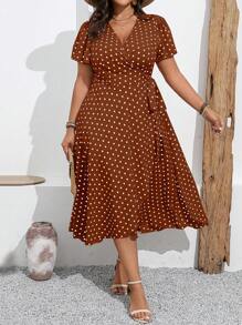SHEIN Clasi Plus Size Polka Dot Print Tie Waist Wrap Dress For Vacation & Leisure Maxi Women Outfit