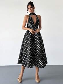 Firerie Women's Vintage French Style Polka Dot V-Neck Backless Cinched Waist High Waist Midi Dress, Suitable For Valentine's Day, Concerts, Performances, Dates, Banquets, Weddings, Sexy, Elegant, Commuting, Back To School, Vacation, Beach, Romantic