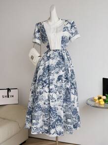 SHEIN Clasi Women's A-Line Print Waist Cinching Elegant Vacation Casual Short Sleeve Dress