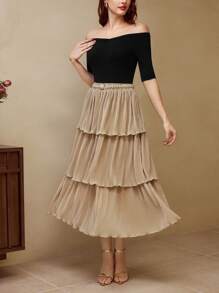 Vintamour Retro Elegante Vrouwen Geplooide Rok, Losse A-lijn Uitlopende Rokken, Khaki Kleur, Lente & Zomer