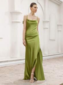 Aveloria Rosie Sexy Elegant Resort Satin Draped Neck High Slit Solid Color Dress For Women   Old Money Style For Summer