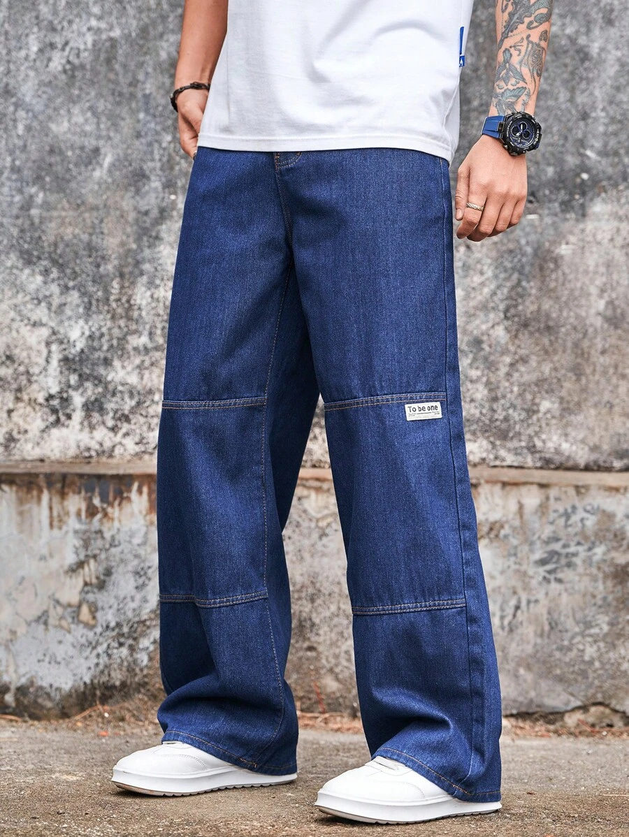 Manfinity Hypemode Retro Blue Street Letter Logo Men's Wide Leg Jeans - Dark Wash - View 1