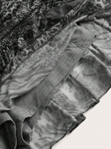 SHEIN ICON 低腰荷叶边下摆褶饰豹纹半身裙 - 灰色 - 查看 5