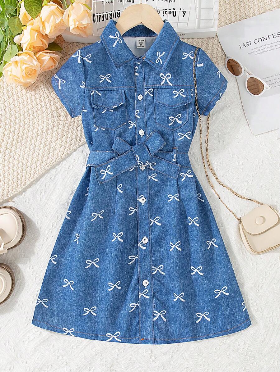 Tween Girl Blue And White Digital Bowknot Print Faux-Denim Dress,Turnover Collar Short Sleeve With Belt,Cute School Back-To-School Autumn Casual Wear - Blue - View 1