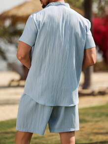 Manfinity RSRT 2pcs Men's Geometric Pattern Button-Up Shirt And Drawstring Pocket Shorts Set Men Summer Clothes Men Shirt Co Ords - Baby Blue - View 2