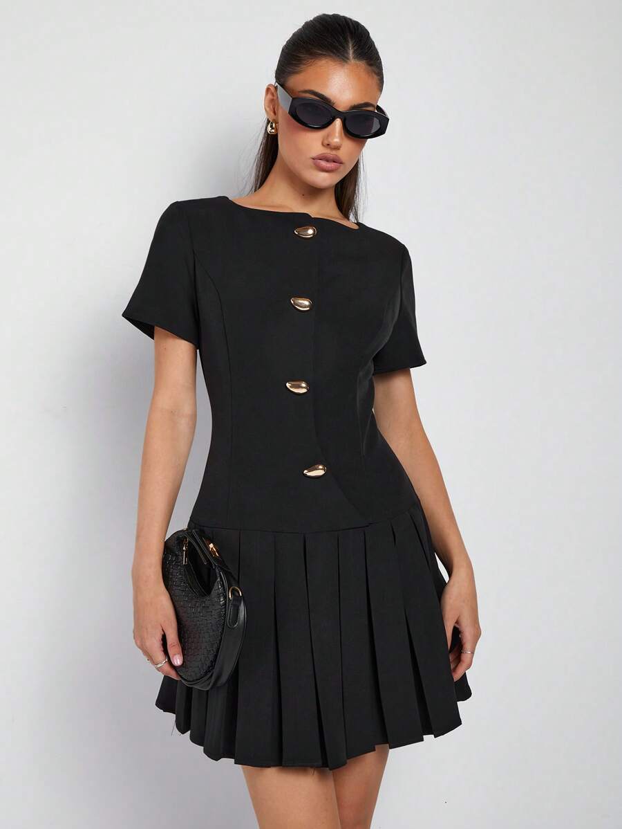 COSMINA 女士弧形翻领褶皱短袖金属纽扣优雅正式工作连衣裙 - 黑色 - 查看 1