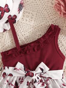 SHEIN Baby Girl Houndstooth & Ribbed Fabric Ruffle Strap Sleeveless Dress With Hat, Elegant For Spring/Summer, Cute - Red and White - View 5