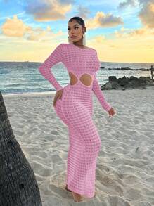 SHEIN SXY Bãi biển Phụ nữ Sexy Váy Bãi biển Đồ bơi Phụ nữ Trang phục Bãi biển Kỳ nghỉ Bãi biển Quần áo Phụ nữ Váy dài Bãi biển trong suốt Màu mơ - Hồng - Xem 4